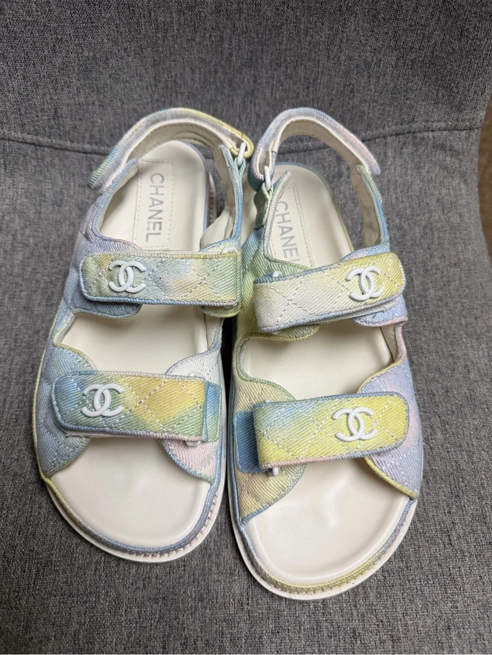 CHANEL Pastel Multicolor Quilted Velcro Sandals
